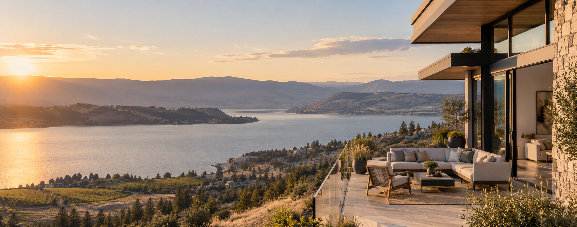 Contemporary hillside home overlooking Okanagan Lake at sunset